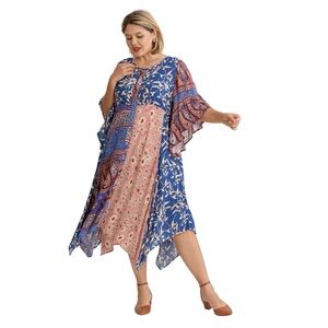 Umgee Midi Dress Mixed Print Blue & Pink Size XL NWT